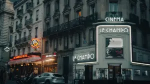 Façade illuminée du cinéma parisien Le Champo dans une rue typique de Paris.